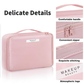 Queboom Travel Makeup Bag with various cosmetics inside