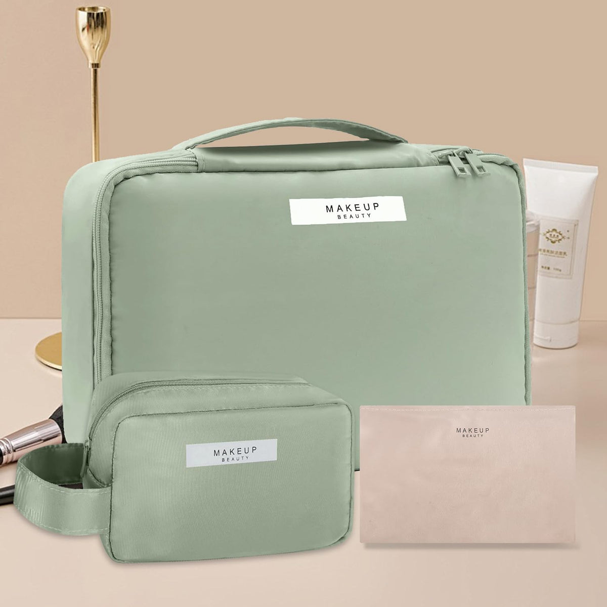 Queboom Travel Makeup Bag with various cosmetics inside