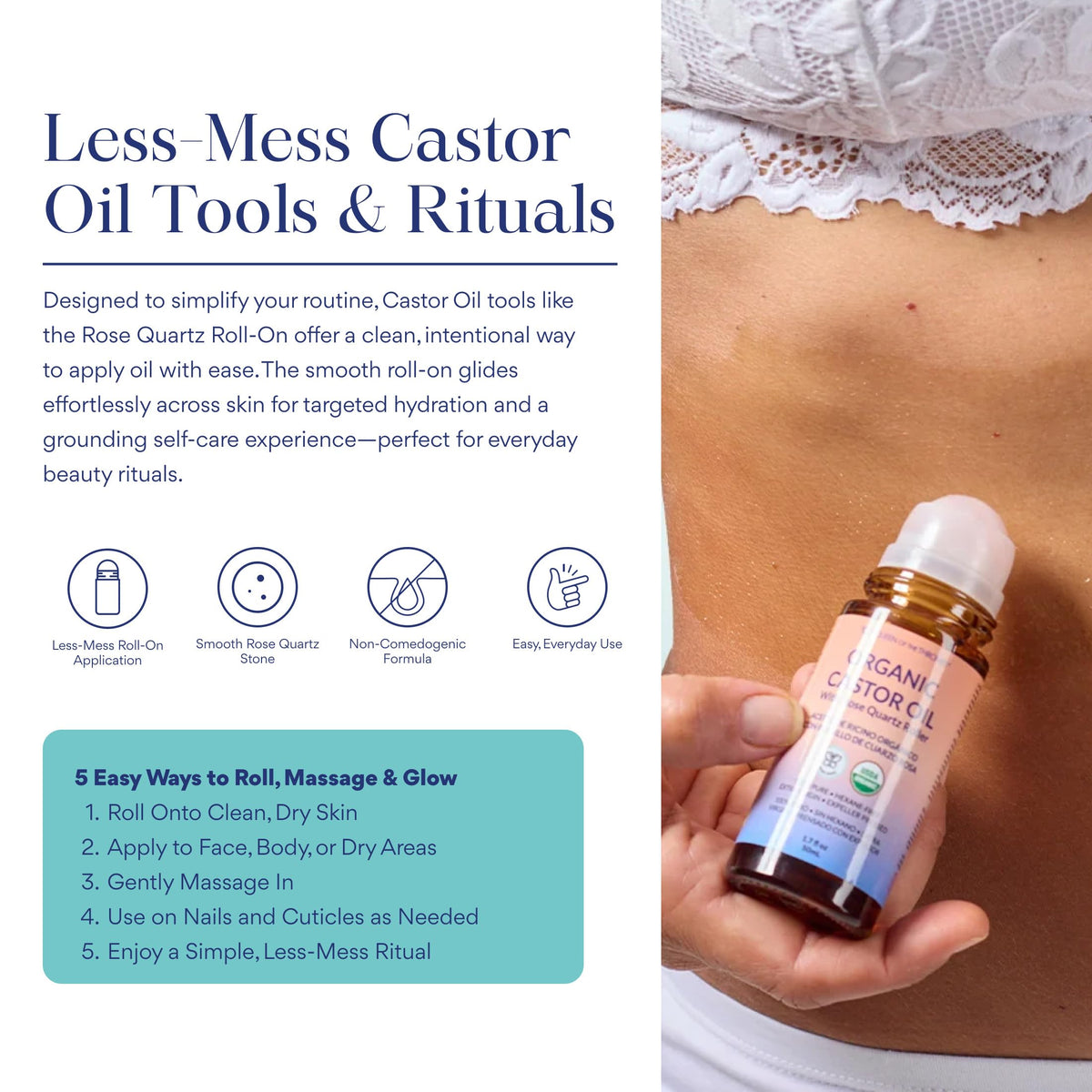 QUEEN OF THE THRONES Organic Castor Oil Rose Quartz Roll-On in use on skin