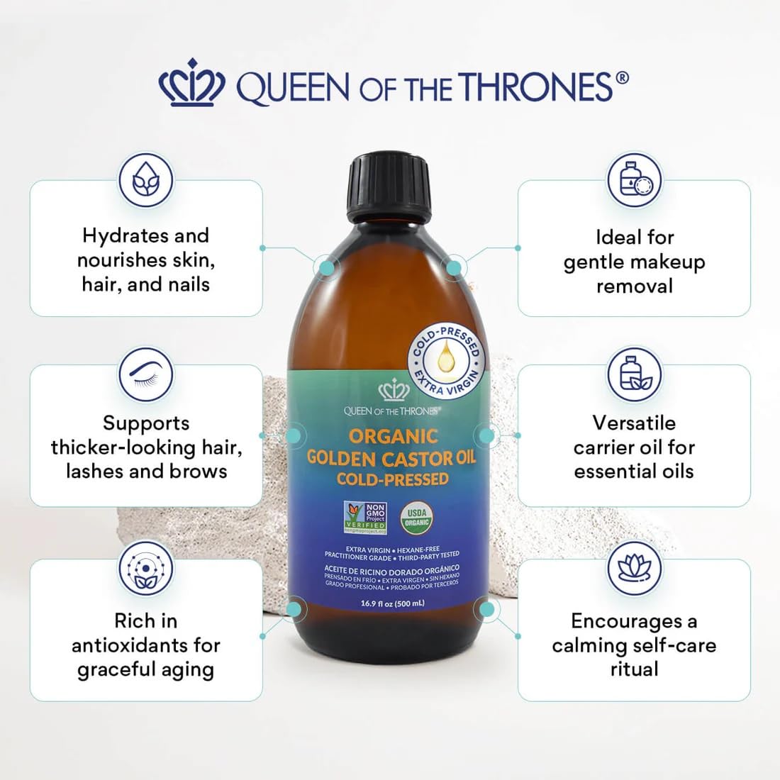 QUEEN OF THE THRONES Organic Golden Castor Oil 500ml side view