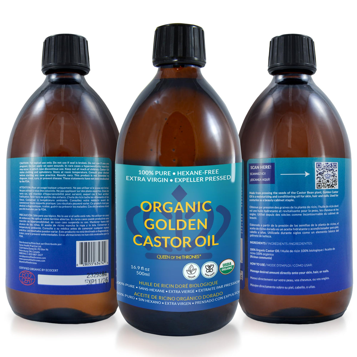 QUEEN OF THE THRONES Organic Golden Castor Oil in amber glass bottle