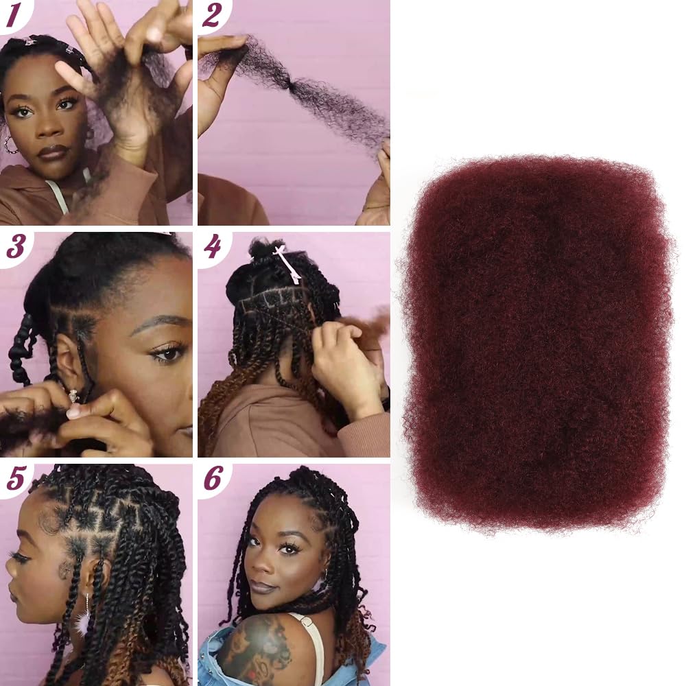 QUEEN VIRGIN REMY Afro Kinky Bulk Hair 14inch Burgundy in natural light