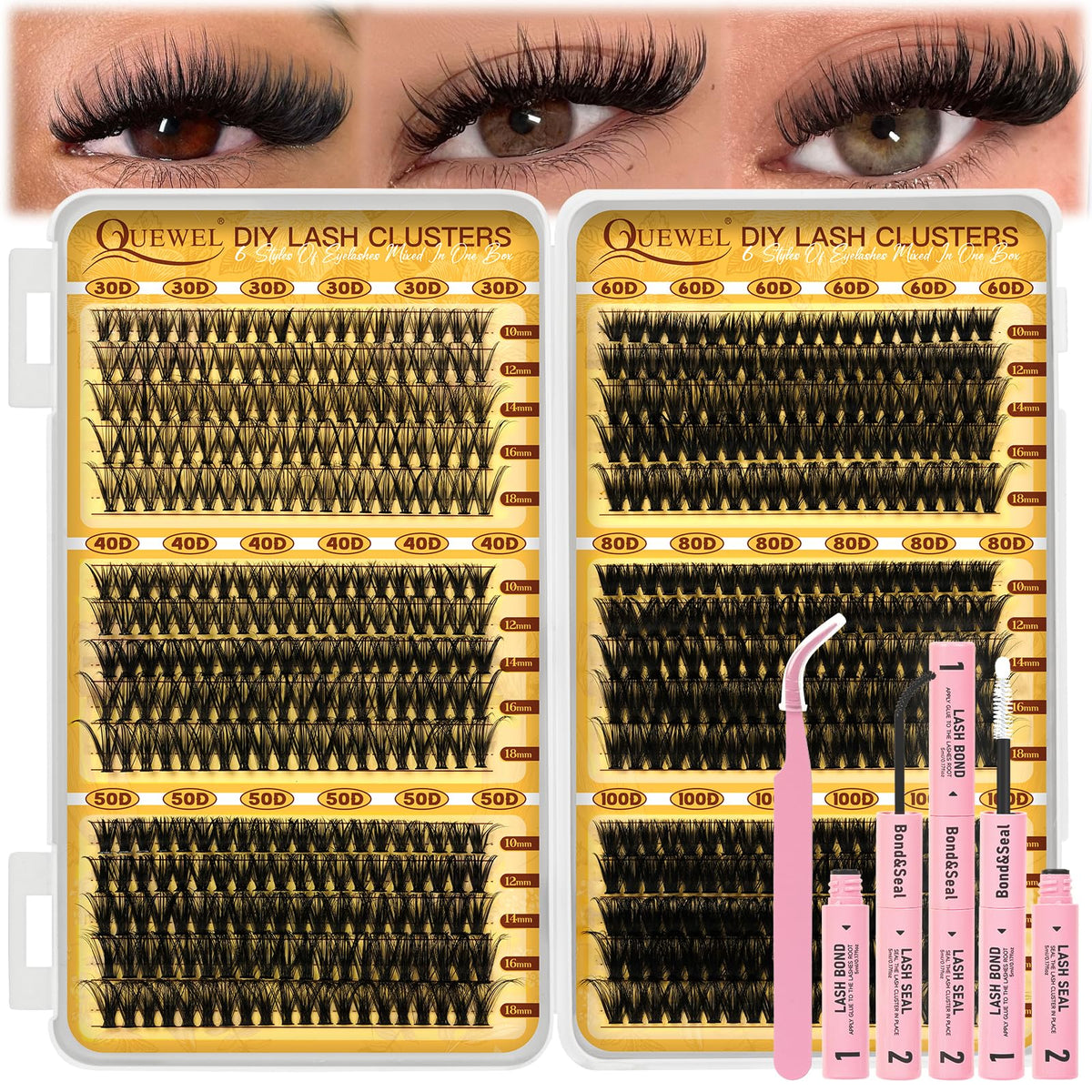 QUEWEL 580PCS Lash Clusters Kit front view with various densities
