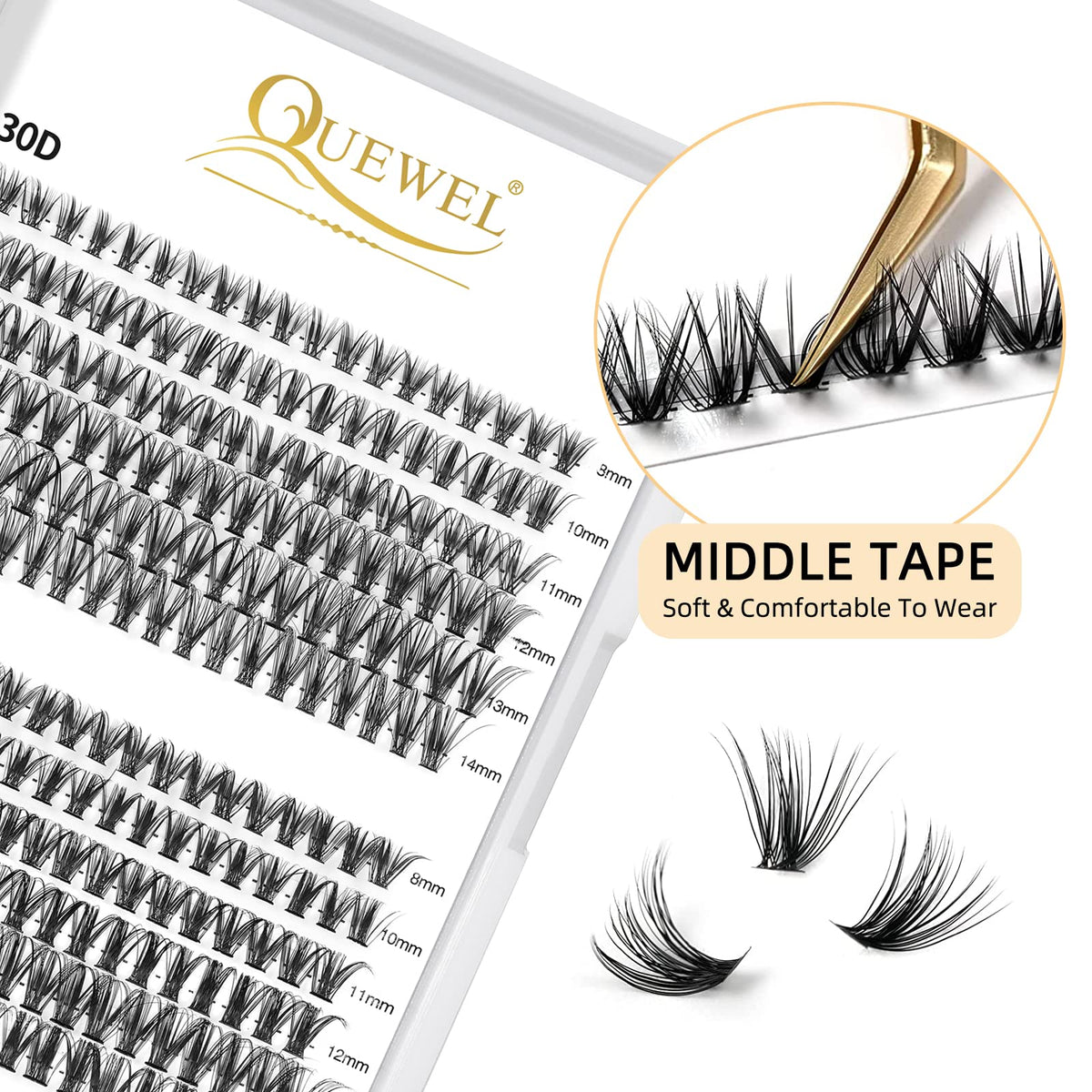 QUEWEL Cluster Lashes 40D 10mm individual lash close-up