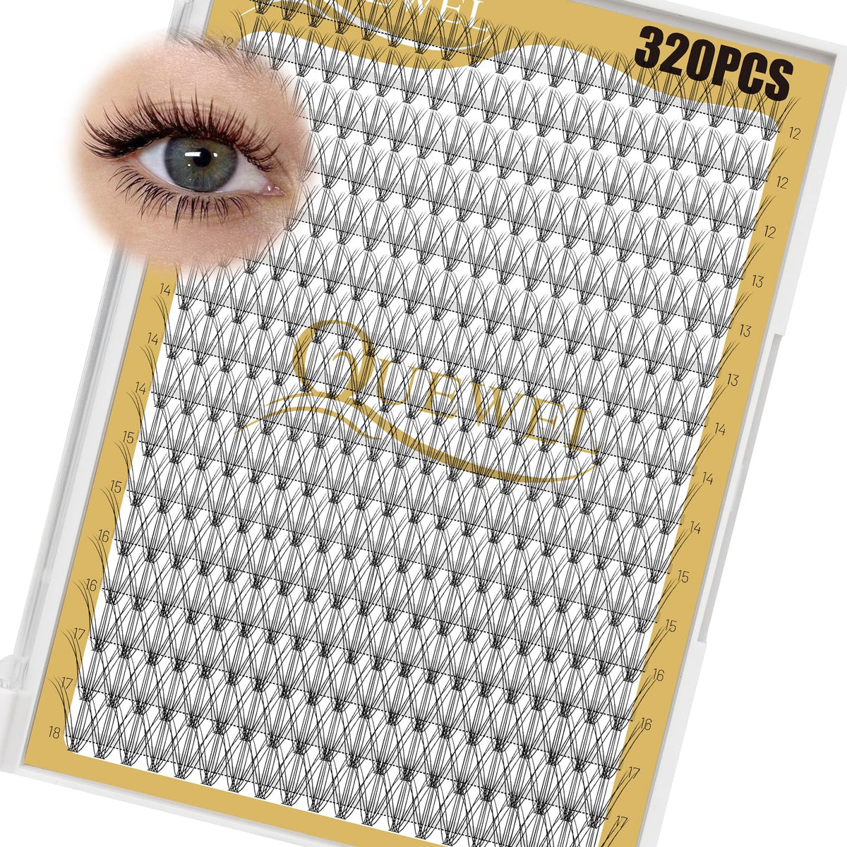 QUEWEL Lash Clusters 320Pcs tray showing various lengths and curls