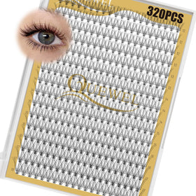 QUEWEL Lash Clusters 320Pcs tray showing various lengths and curls