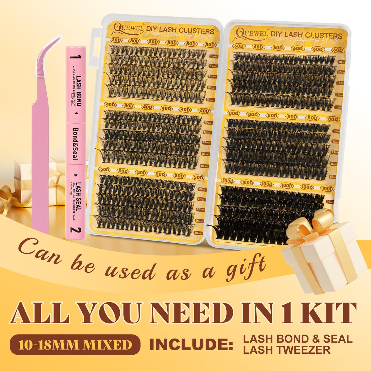 QUEWEL Lash Clusters Kit packaging showing included items