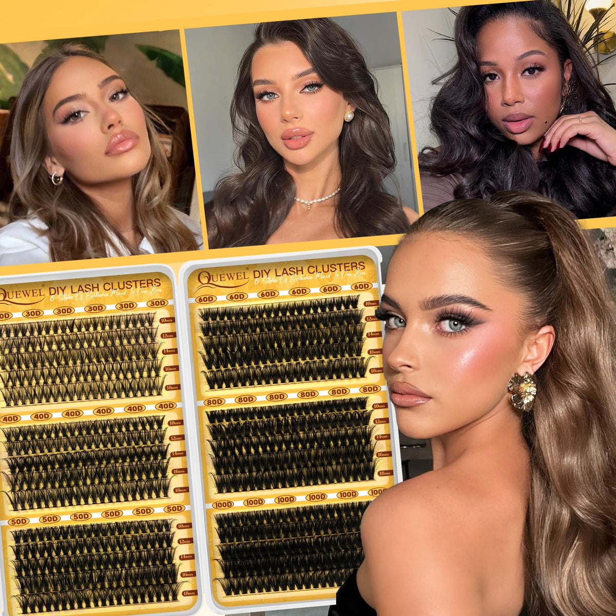 QUEWEL Lash Clusters Kit with different lash densities displayed