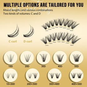 QUEWEL Lash Clusters tray showing different lash styles