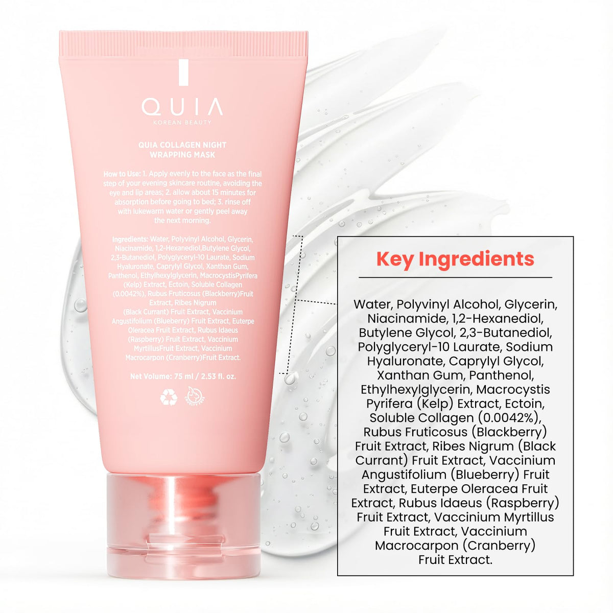 QUIA Beauty Collagen Overnight Wrapping Mask on nightstand