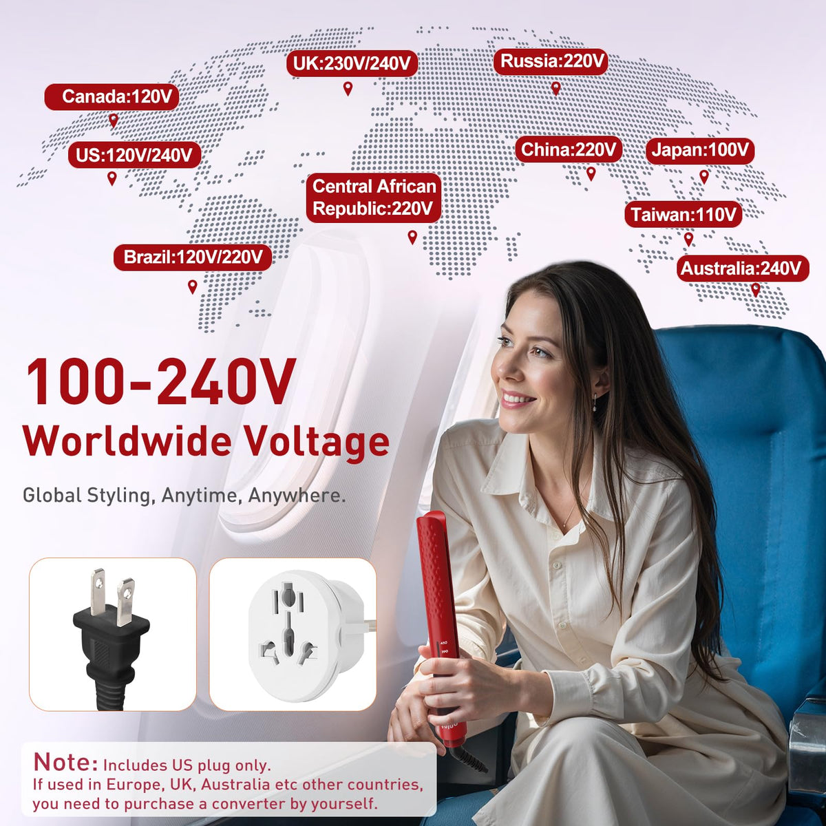QUICO Hair Straightener in a travel setting with plug adapter