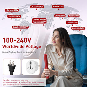 QUICO Hair Straightener in a travel setting with plug adapter