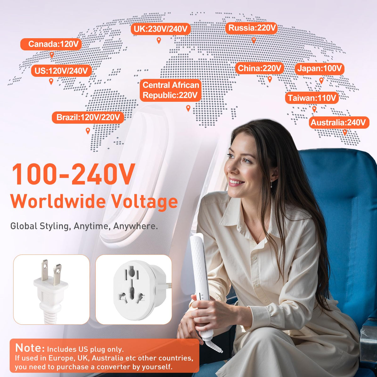 QUICO Hair Straightener in a travel setting with plug adapter