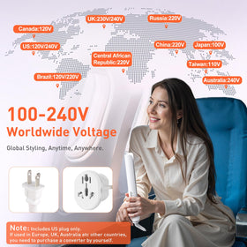 QUICO Hair Straightener in a travel setting with plug adapter