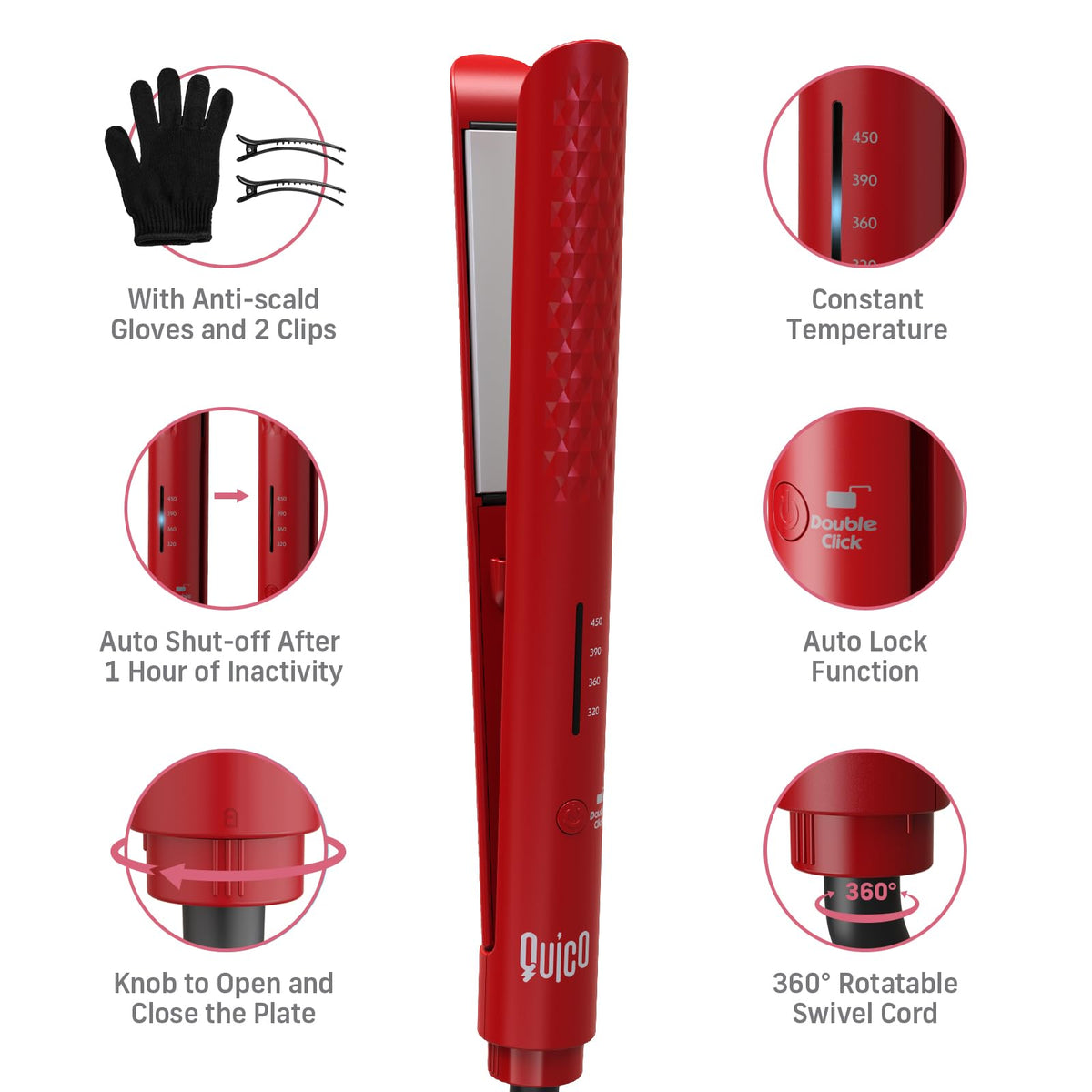 QUICO Hair Straightener measuring 10.77 inches in length