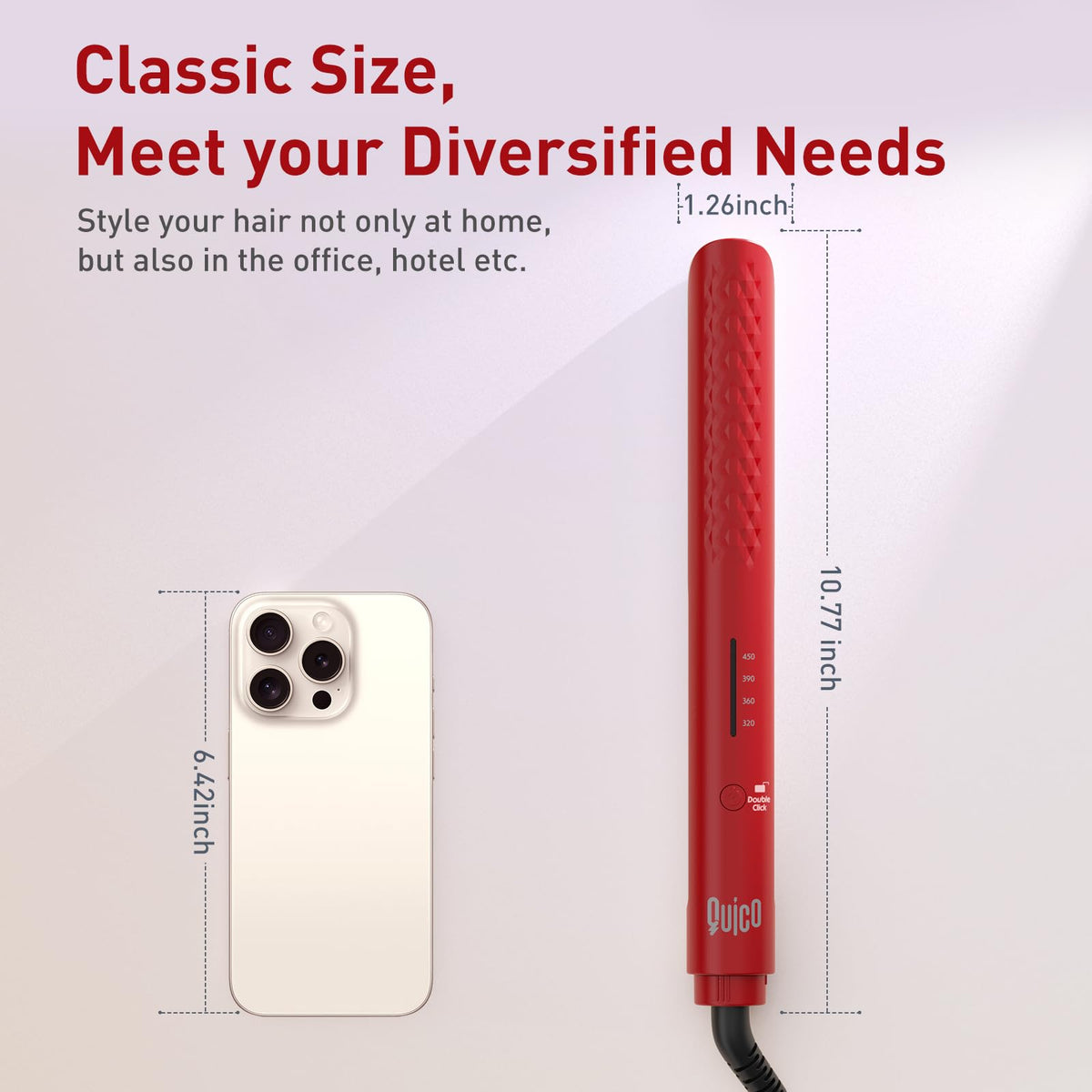 QUICO Hair Straightener showing included anti-scald glove and clips