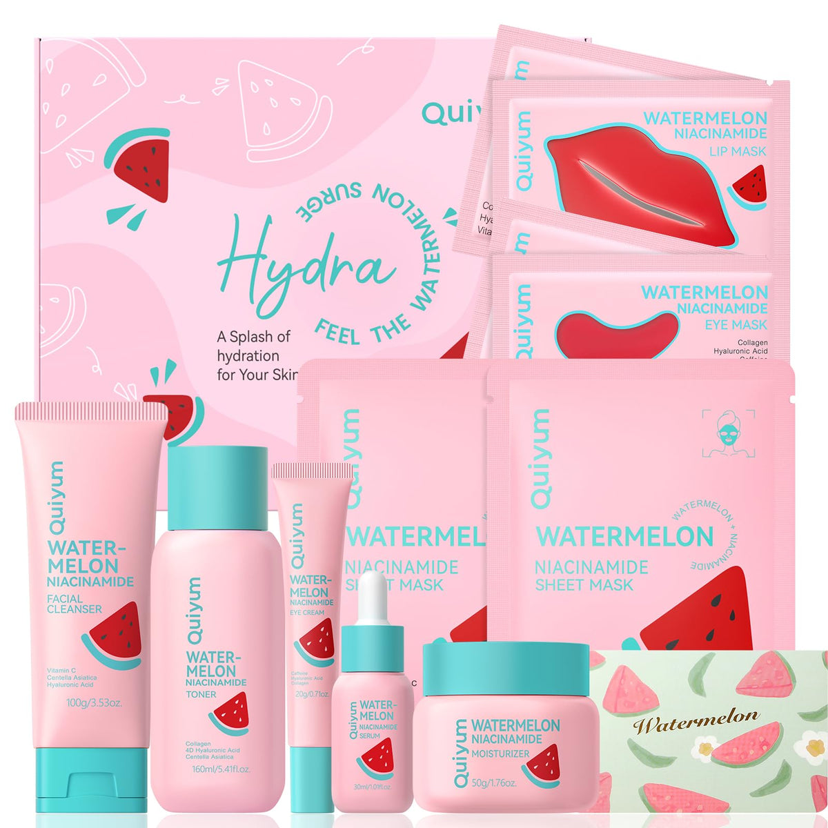 QUIYUM Watermelon & Niacinamide Skincare Set front view with all 11 products