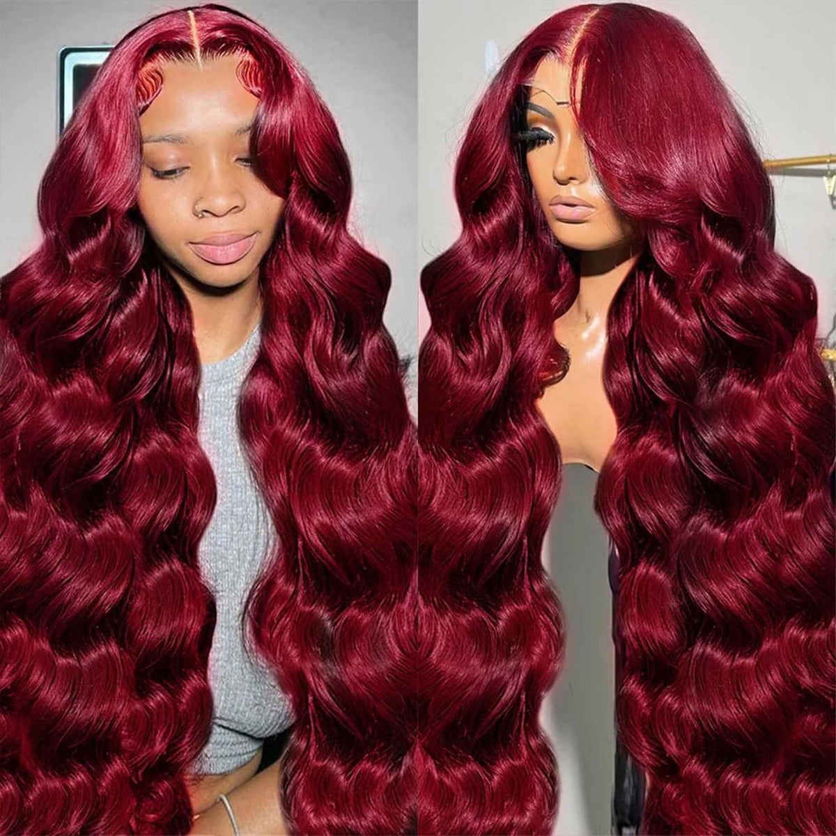 QZOQZO 28 Inch Burgundy Lace Front Wig front view