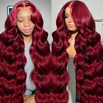 QZOQZO 28 Inch Burgundy Lace Front Wig front view