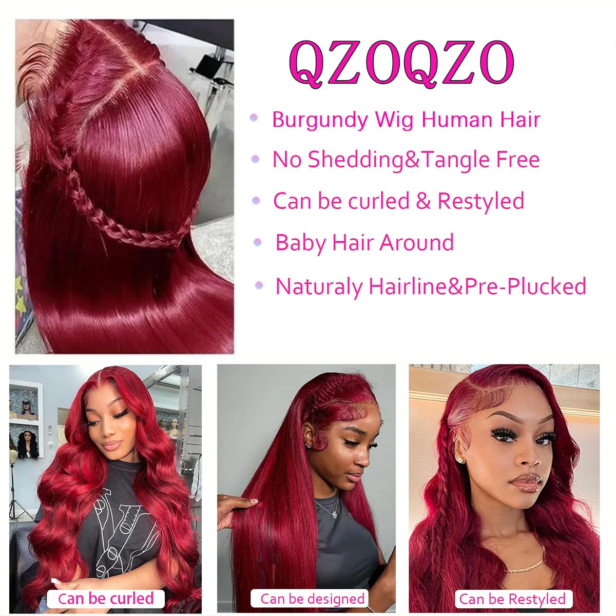 QZOQZO Burgundy Lace Front Wig 13x6 HD Body Wave back view