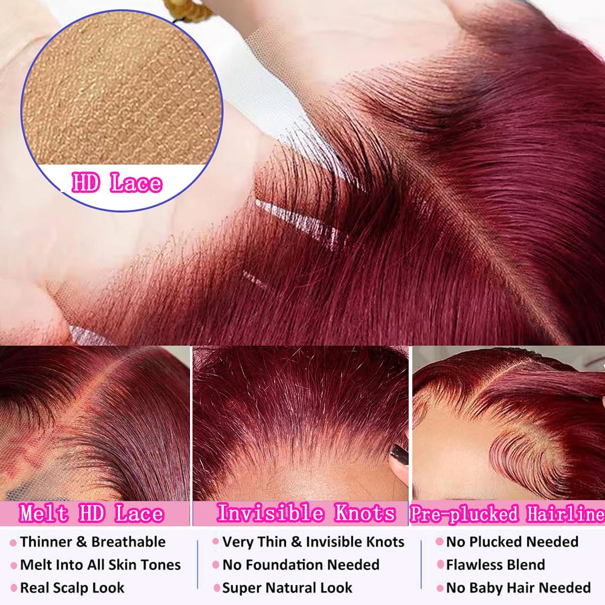 QZOQZO Burgundy Lace Front Wig 13x6 HD Body Wave close-up of lace