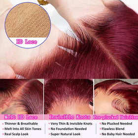 QZOQZO Burgundy Lace Front Wig 13x6 HD Body Wave close-up of lace