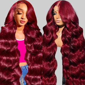 QZOQZO Burgundy Lace Front Wig 13x6 HD Body Wave front view