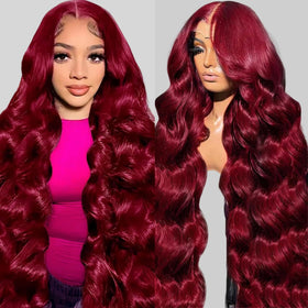 QZOQZO Burgundy Lace Front Wig 24 Inch body wave front view