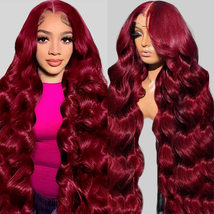 QZOQZO Burgundy Lace Front Wig 24 Inch body wave front view