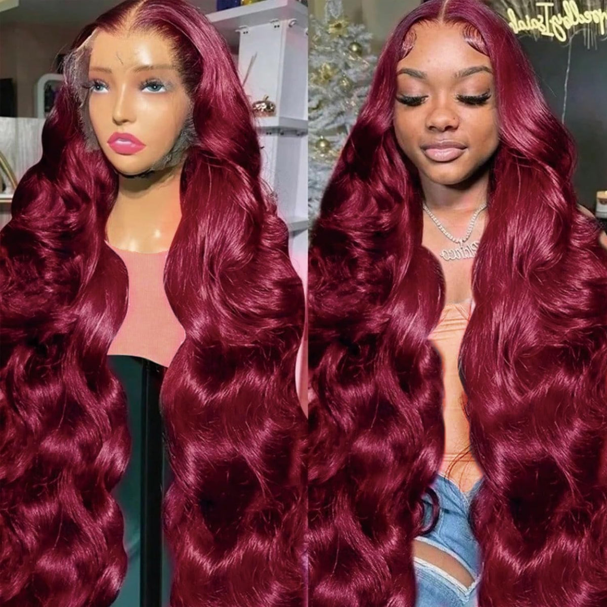 QZOQZO Burgundy Lace Front Wig 24 Inch model wearing wig