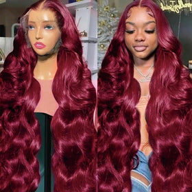 QZOQZO Burgundy Lace Front Wig 24 Inch model wearing wig