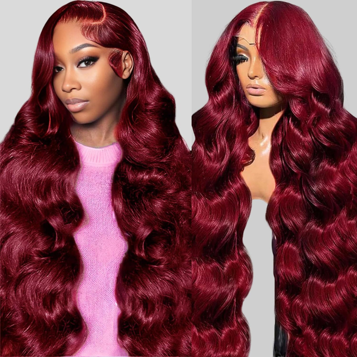QZOQZO Burgundy Lace Front Wig 32 Inch body wave front view
