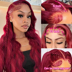 QZOQZO Burgundy Lace Front Wig 32 Inch on model