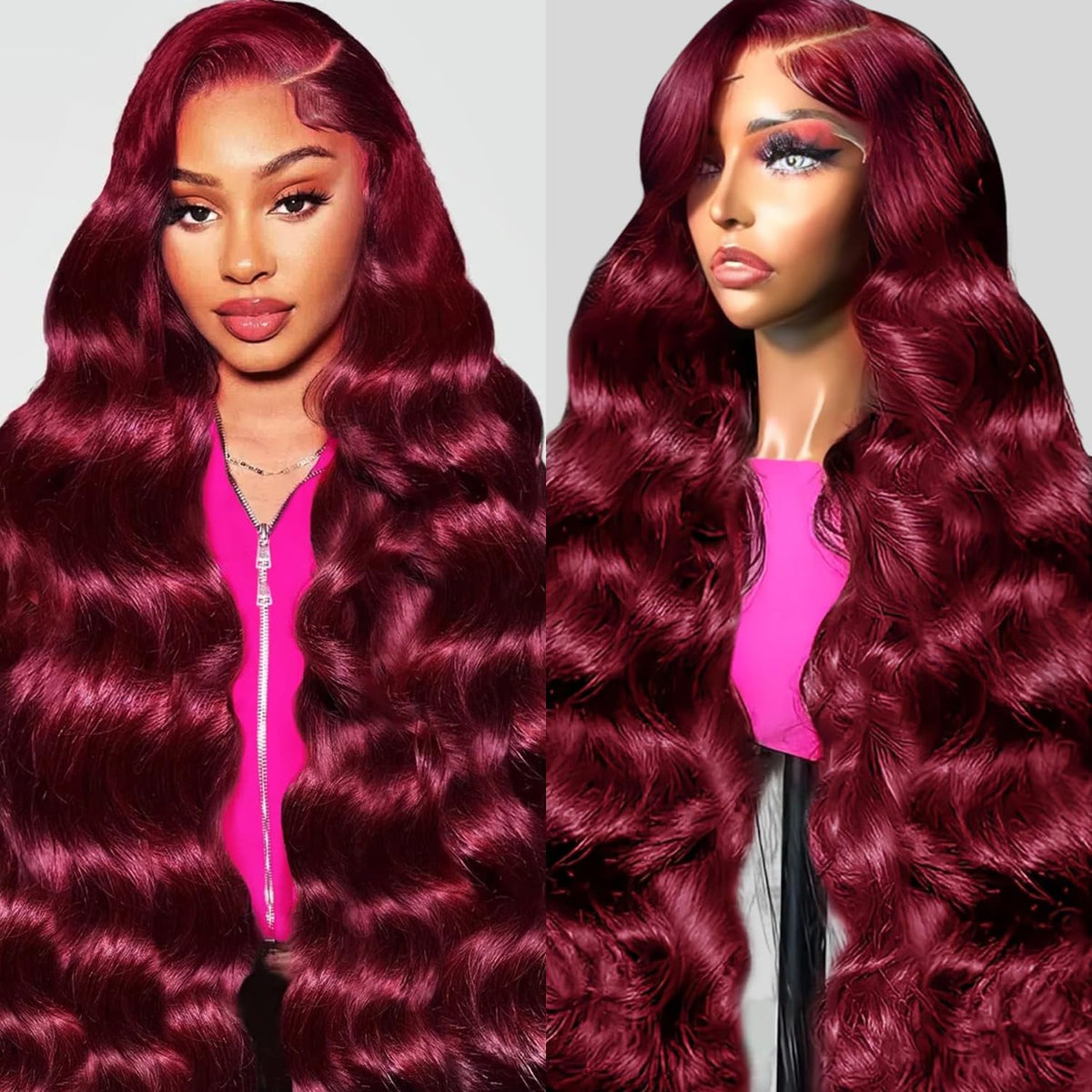 QZOQZO Burgundy Lace Front Wig 34 Inch body wave front view
