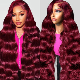 QZOQZO Burgundy Lace Front Wig 34 Inch body wave front view