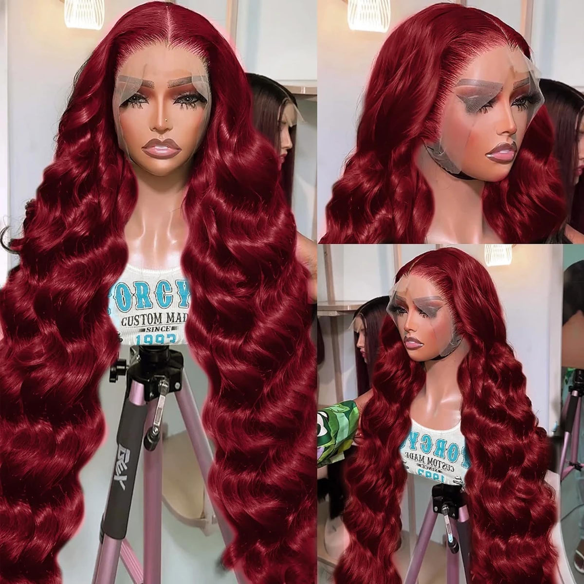 QZOQZO Burgundy Lace Front Wig showing body wave texture