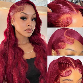 QZOQZO Burgundy Lace Front Wig styled for an event