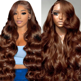 QZOQZO Chocolate Brown Lace Front Wig 26 Inch Body Wave front view