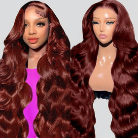 QZOQZO Reddish Brown Lace Front Wig front view with body wave style