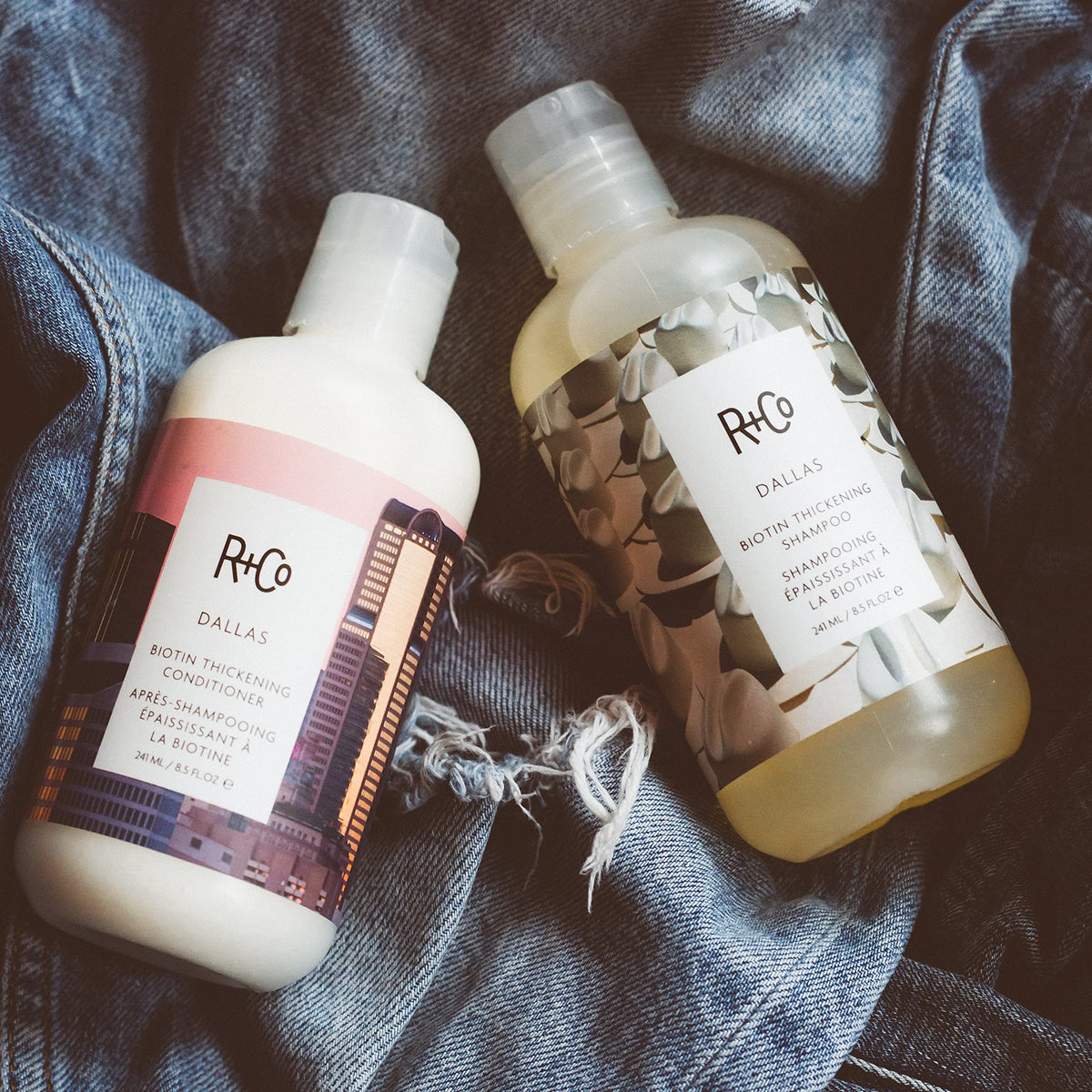 R+Co Dallas Biotin Thickening Conditioner close-up of packaging