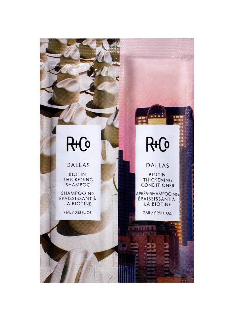 R+Co Dallas Biotin Thickening Shampoo and Conditioner packette front view