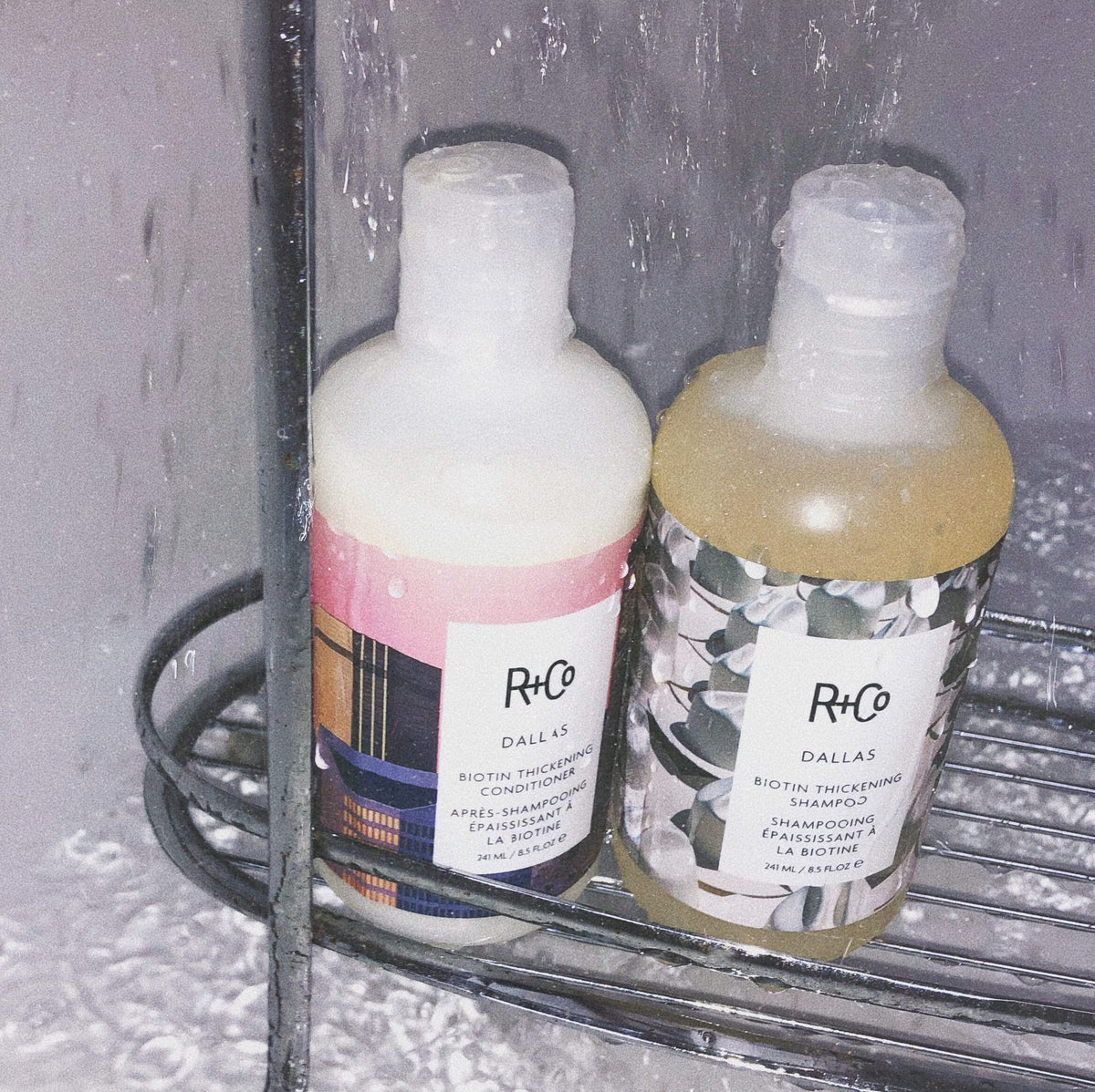 R+Co Dallas Biotin Thickening Shampoo close-up of packaging