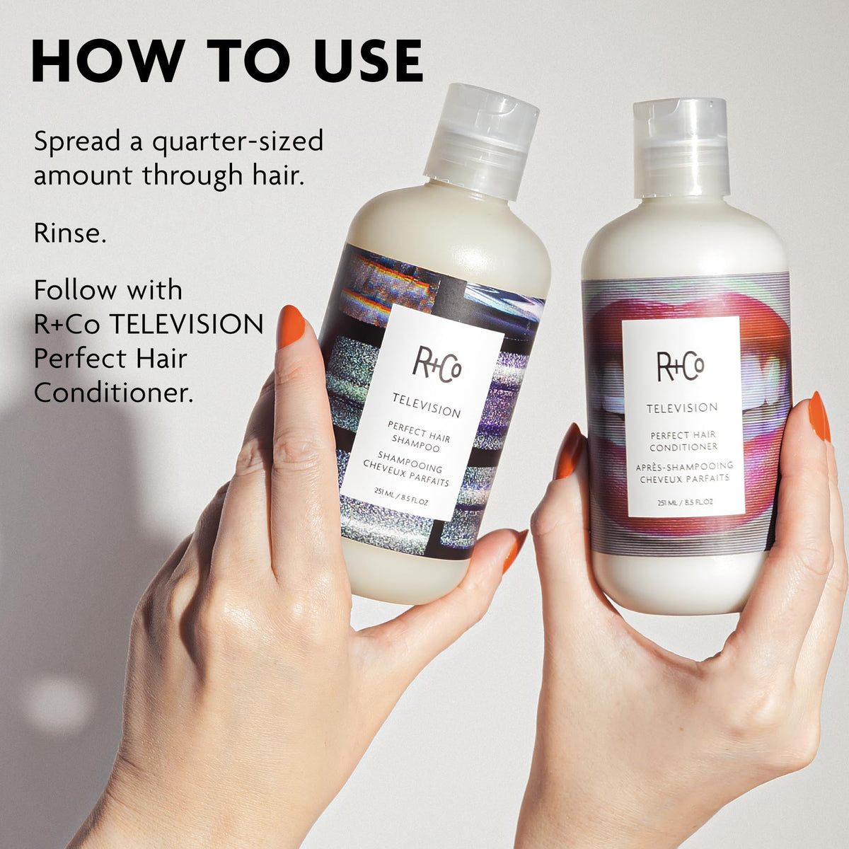 R+Co Television Perfect Hair Shampoo lifestyle scene in a bathroom