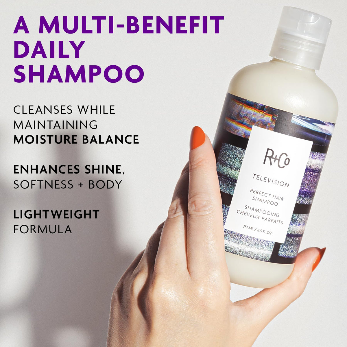 R+Co Television Perfect Hair Shampoo side view showing packaging
