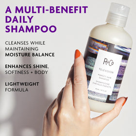 R+Co Television Perfect Hair Shampoo side view showing packaging