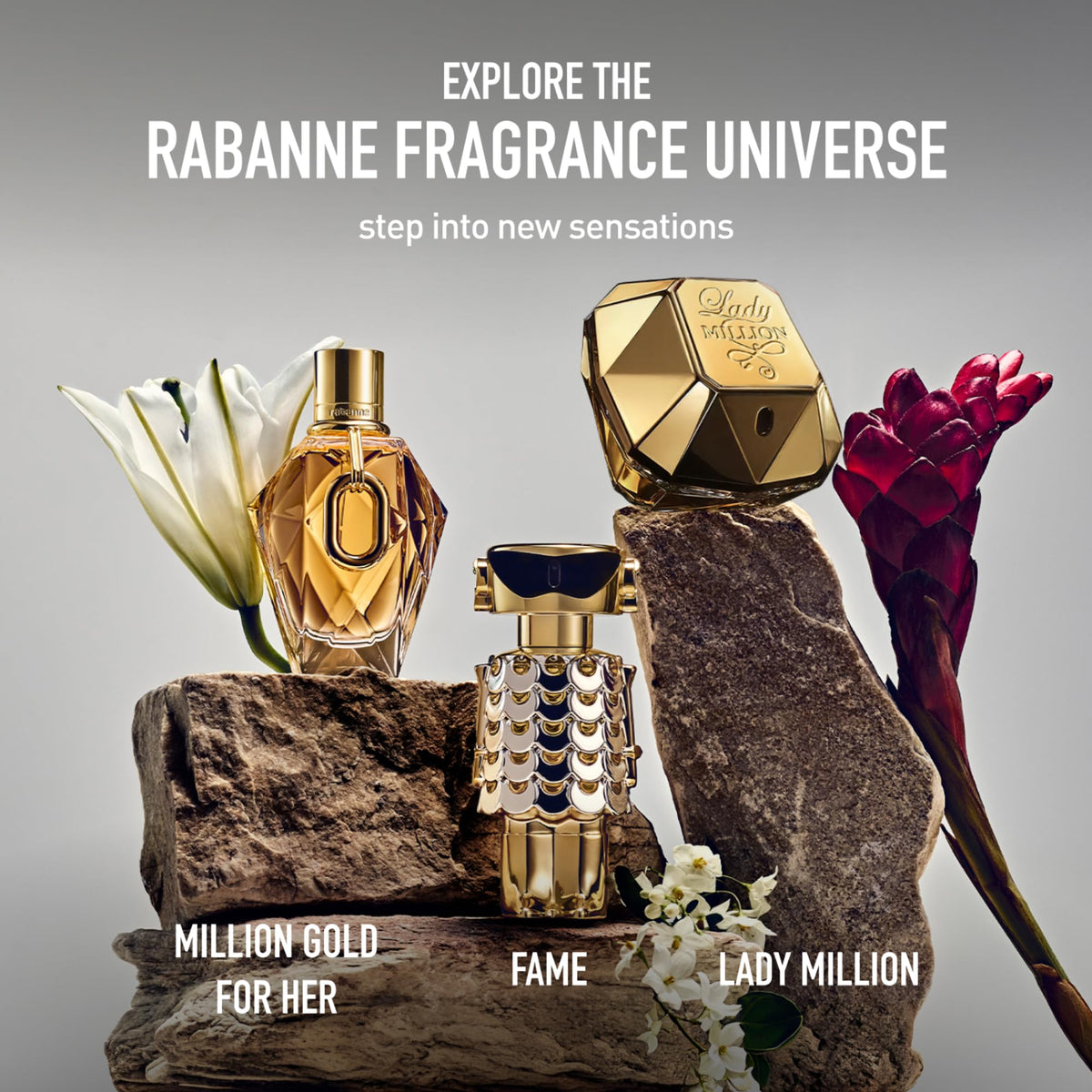 Rabanne Fame Parfum bottle with a luxurious setting