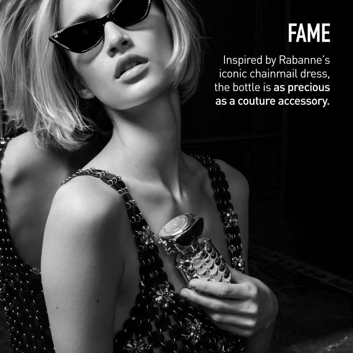 Rabanne Fame Parfum displayed on a vanity