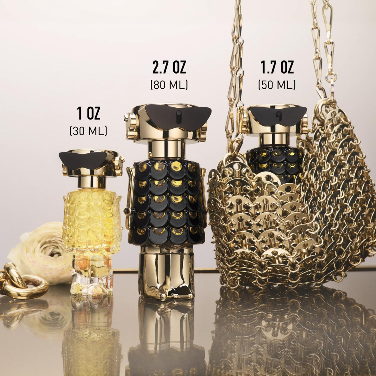 Rabanne Fame Parfum with floral background