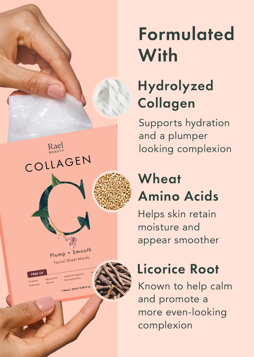 Rael Collagen mask displayed with a serene background