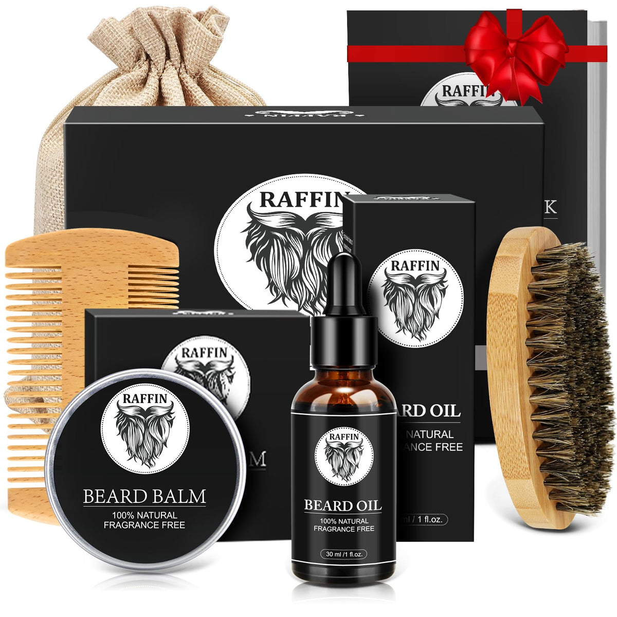 RAFFIN Beard Kit packaging with beard oil and balm